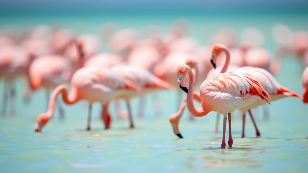 Bandada de flamencos rosados en agua cristalina, algunos alimentándose con la cabeza hacia abajo, luz natural del mediodía