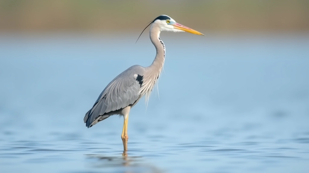 Primer plano de una garza gris de pie en agua poco profunda, de perfil, mostrando su largo cuello y pico afilado