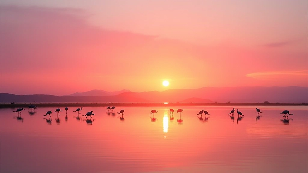 Puesta de sol sobre la laguna con flamencos silhueteados