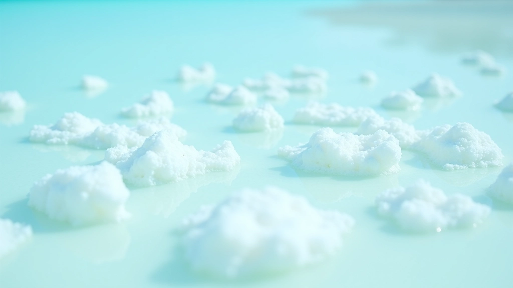 Primer plano de cristales de sal blanca en las salinas con agua turquesa reflejando el cielo