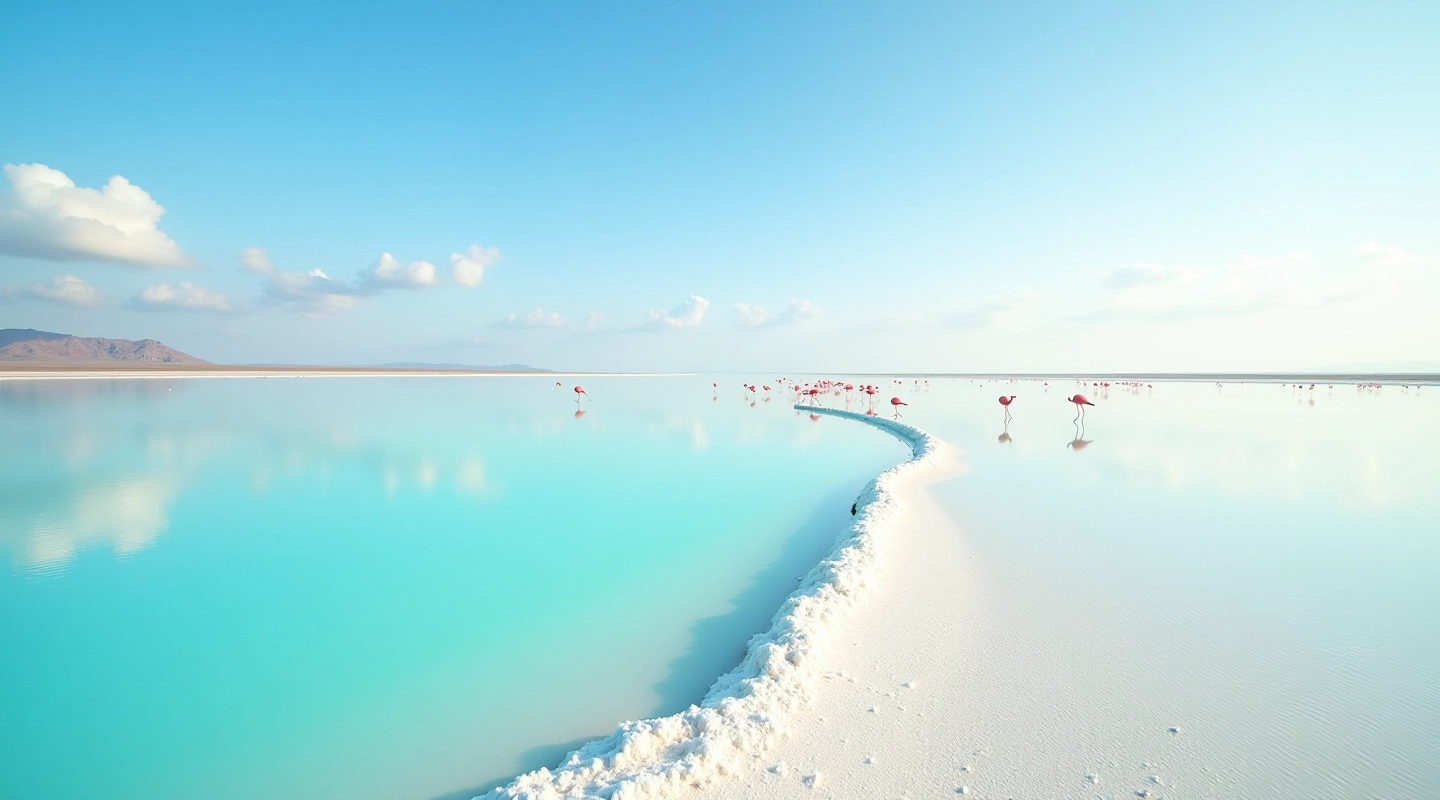 Vista panorámica de las salinas de Cabo Rojo con agua turquesa y formaciones de sal blanca bajo el cielo azul